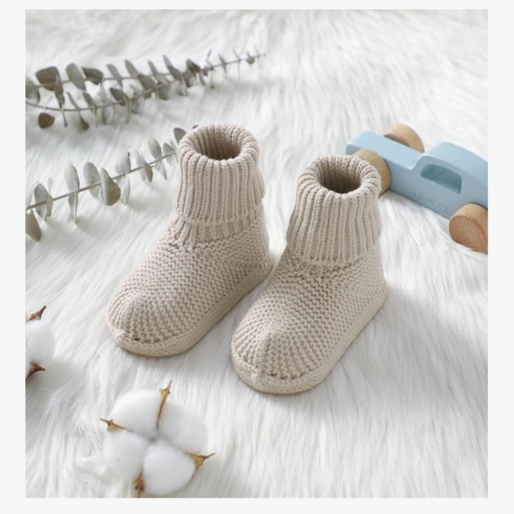 Cozy Soft Knit Secure Fit Beige Baby Booties 0-3 Months